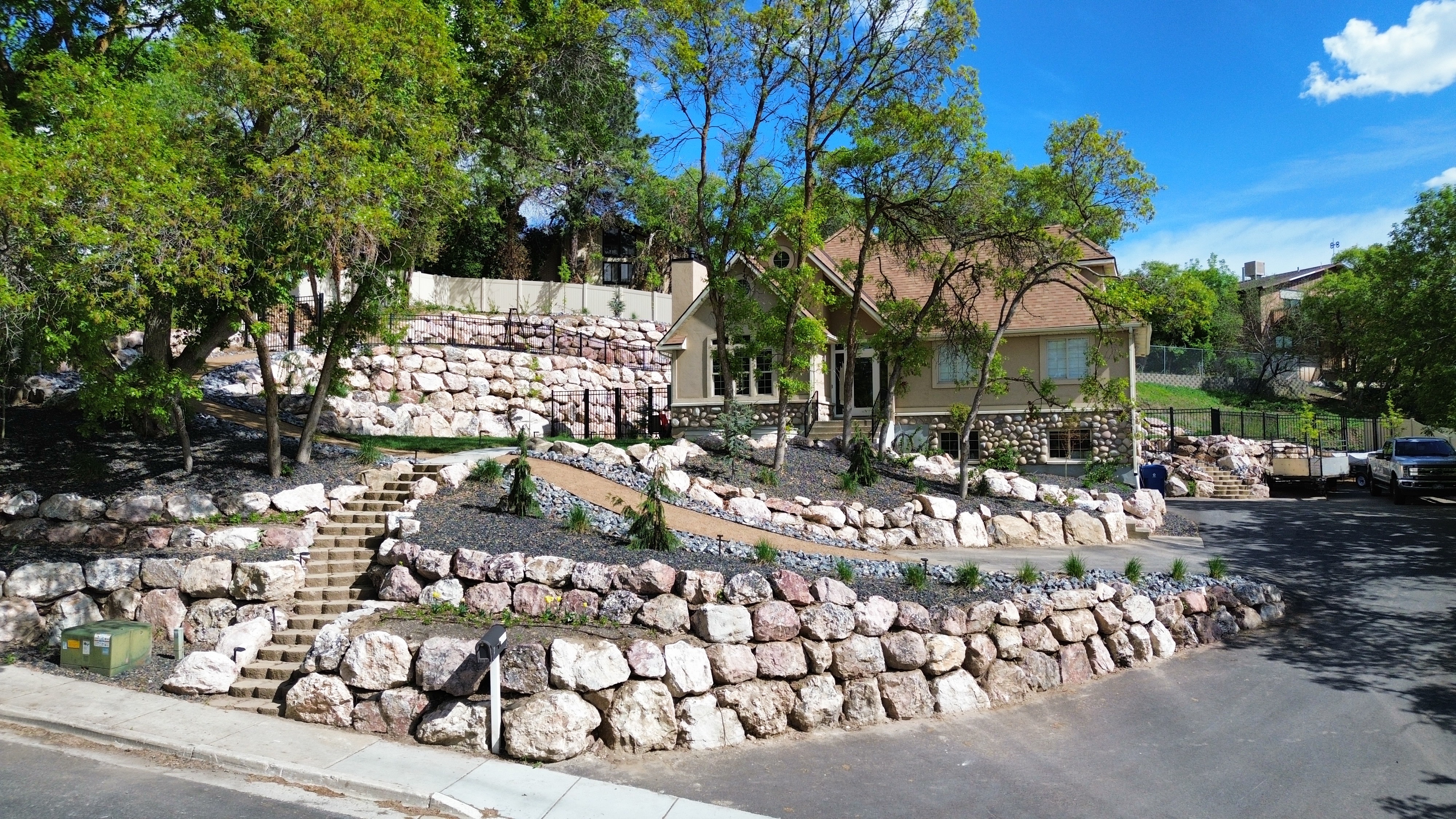 Aerial view of completed landscape project in Northern Utah by EC Landscaping in Mantua Utah