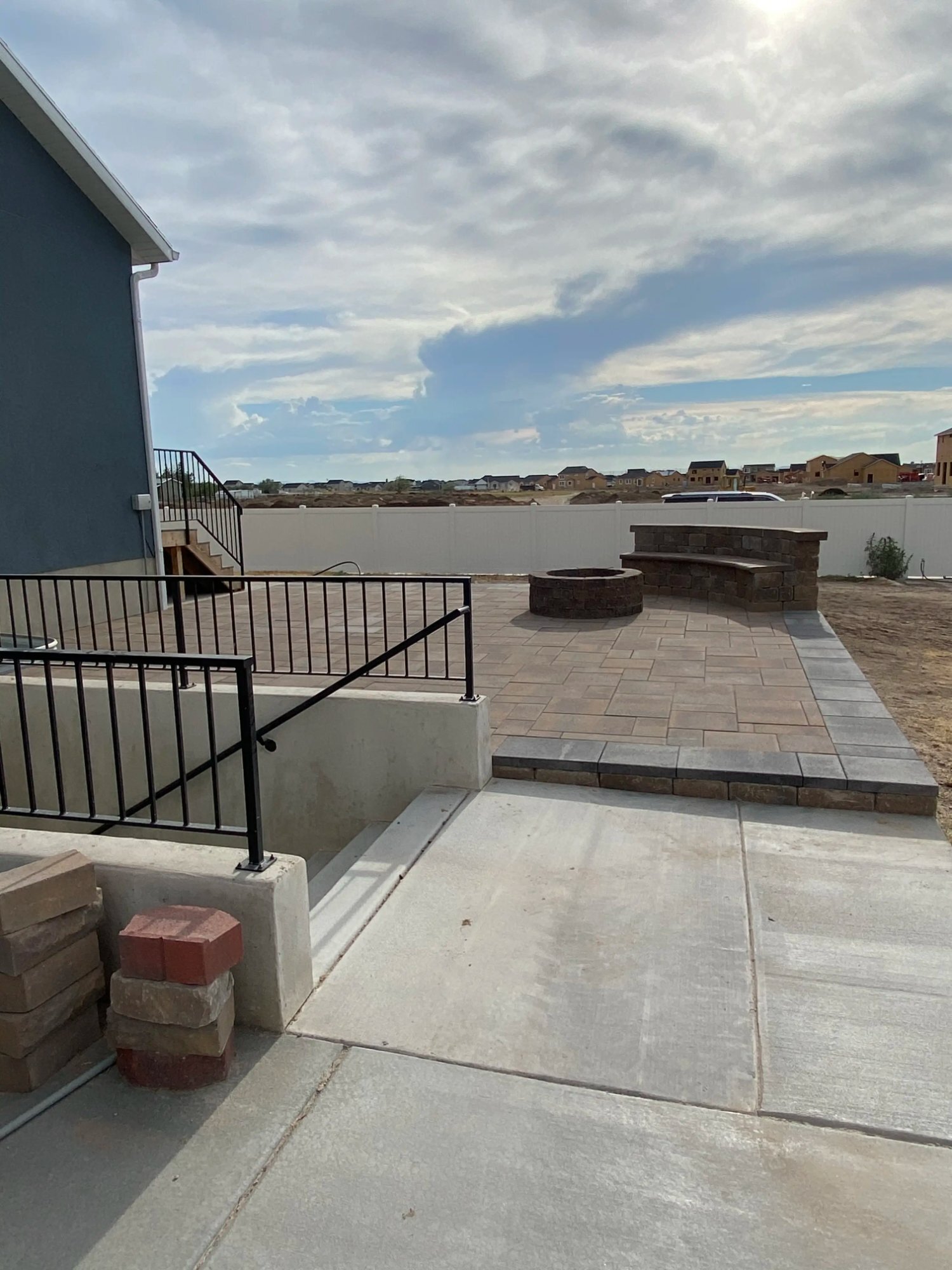 Raised fire pit platform paver patio, Northern Utah
